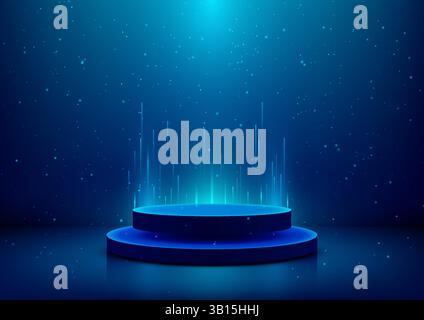 Ein futuristisches, leuchtend blaues Podium steht in einem dunklen sternenklaren Raum mit aufsteigenden Lichtstreifen, High-Tech-Produkteinführungen, digitalen Showcases und Science-fiction Stock Vektor