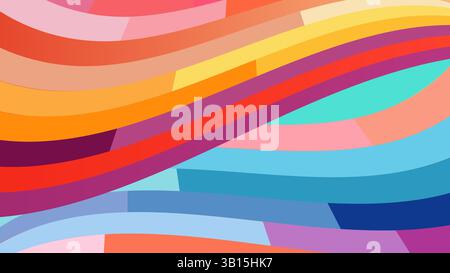 Lebendiges abstraktes Design mit fließenden Wellenbändern in Pink, Orange, Gelb und Petrol, die ein dynamisches farbenfrohes Muster schaffen, das sich perfekt für moderne Hintergründe eignet. Stock Vektor