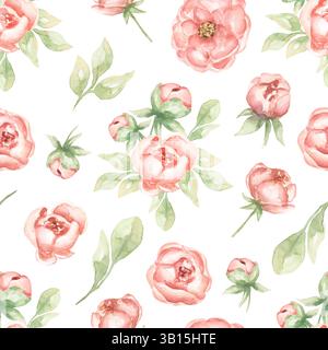 Aquarell Vintage Florals nahtloses Muster, rosa Pfingstrosen wiederholtes Papier, zarter Vintage Blumendruck Stockfoto