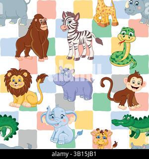Nahtloses helles Muster mit afrikanischen Tieren. Löwe, Elefant, Giraffe, Nashorn, Affe, Schlange, Krokodil. Hippopotamus Stock Vektor