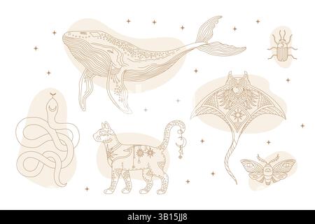 Mystische Zaubertiere Silhouettenwal, Stachelrochen, Katze, Motte. Vektorabbildung. Astrologie-Totem-Boho-Set mit Ikonen der himmlischen Bestien. Esoterisch modern Stock Vektor