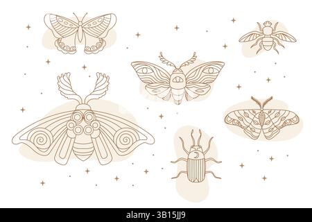Mystische magische Insekten Silhouette Schmetterling, Käfer, Motte. Vektorabbildung. Astrologie-Totem-Boho-Set mit himmlischen Tieren-Ikonen. Esoterische moderne A Stock Vektor