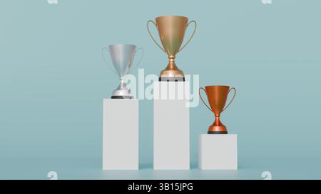 Eine 3D-Darstellung zeitgenössischer Design-Trophäen aus Gold, Silber und Bronze, eine Hierarchie der Leistung, verbunden mit dem ersten, zweiten und dritten Platz. Stockfoto