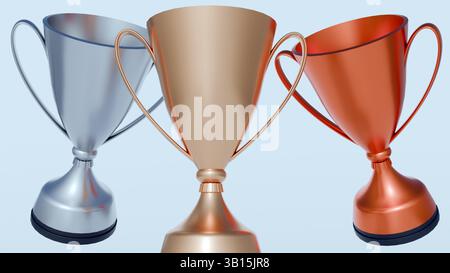 Eine 3D-Darstellung zeitgenössischer Design-Trophäen aus Gold, Silber und Bronze, eine Hierarchie der Leistung, verbunden mit dem ersten, zweiten und dritten Platz. Stockfoto