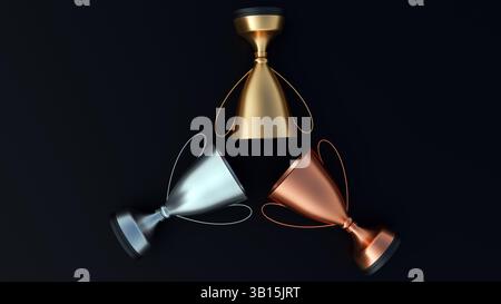 Eine 3D-Darstellung zeitgenössischer Design-Trophäen aus Gold, Silber und Bronze, eine Hierarchie der Leistung, verbunden mit dem ersten, zweiten und dritten Platz. Stockfoto