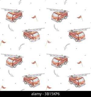 Muster Feuerwehrauto, Fahne, Pfeil, Autojunge. Aquarellillustration handgezeichnet im Cartoon-Stil. Nahtloser Druck für Kinder auf dem Hintergrund für Textilien Stockfoto