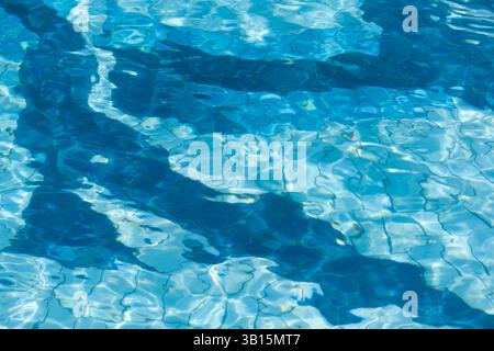 Abstraktes Wassermuster: Reflexionen in Blau. Außenpool aus nächster Nähe. Stockfoto