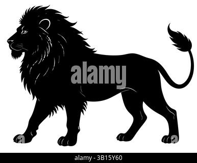 Silhouette eines majestätischen Löwen mit voller Mähne, hoch und stolz stehend – symbolisiert Stärke, Mut, Macht und Königtum Stock Vektor