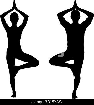 Silhouette eines Mannes und einer Frau, die eine Baumposition (Vrksasana) im Yoga ausführen – eine ausgewogene, friedliche Haltung, die Achtsamkeit, Fitness und spirituelles symbolisiert Stock Vektor