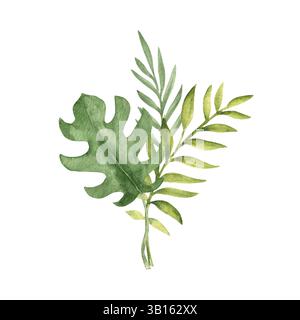 Tropische Blätter Bouquet. Eukalyptus, Palme und Monstera Aquarellkomposition. Handgezeichnete botanische Illustration isoliert auf weißem Hintergrund. Für Stockfoto