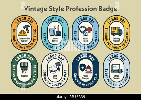 8 Vintage-Abzeichen zum Labor Day mit auffälligen Typografien und flachen Ikonen, die die Beiträge der Arbeiter ehren. Stock Vektor
