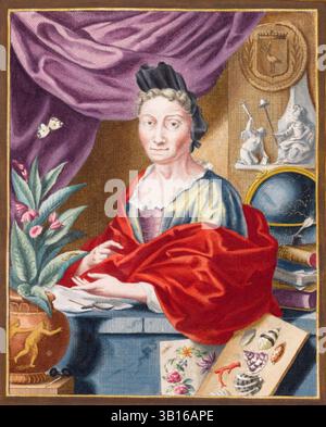 Maria Sibylla Merian (1647–1717), deutsche Naturalistin und wissenschaftliche Illustratorin, Aquarellporträtmalerei von Jacobus Houbraken, nach Georg Gsell, 1705 Stockfoto