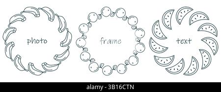 Rahmenset mit Symbolen für Sommerfrüchte. Handgezeichneter abgerundeter Rand, konturierte schwarze Kontur, lineares Doodle-Design. Leerer Textraum. Weißer Hintergrund Stock Vektor