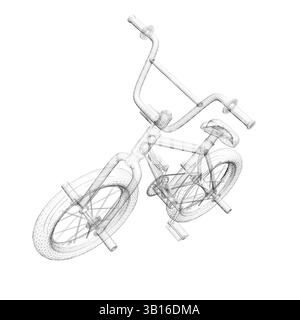 Ein Motorrad ist in einer schwarz-weißen Zeichnung dargestellt. Das Motorrad ist verkehrt und hat einen gebogenen Lenker. Das Fahrrad ist nicht in Bewegung und es ist ein Heimtrainer Stock Vektor