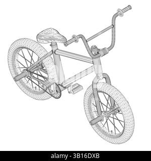 Ein Fahrrad wird in einer Schwarzweißzeichnung dargestellt. Das Motorrad steht auf dem Kopf und hat einen gebogenen Rahmen. Die Zeichnung vermittelt ein Gefühl von Verspieltheit und Kreativität Stock Vektor