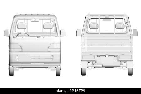 Die Rückseite eines weißen Autos ist in einer schwarz-weißen Zeichnung dargestellt. Das Fahrzeug ist ein kompaktes Modell mit einem kleinen Kofferraum und einer Heckluke. Die Vorderseite des Wagens ha Stock Vektor