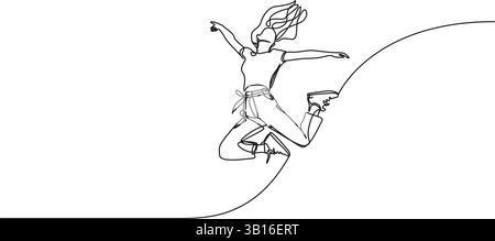Ununterbrochene Einzelzeilenzeichnung der jungen fröhlichen Frau, die vor Freude springt, Linie Kunst Vektor Illustration Stock Vektor