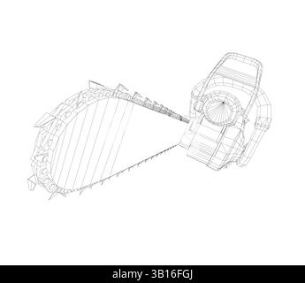 Eine Zeichnung eines Drahtmodells der Kettensäge. 3D-Vektordarstellung Stock Vektor
