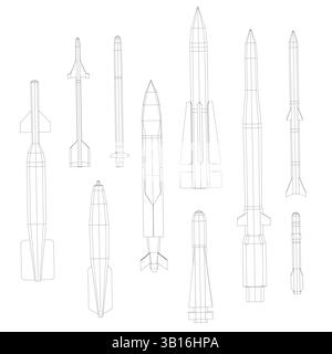 Eine Reihe von Raketen wird in Schwarz-weiß gezeichnet. Die Raketen haben verschiedene Größen und Formen, einige scheinen Raketen oder Raketen zu sein. Szene ist Stock Vektor