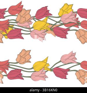 Streifenmuster mit rosa und gelben linearen Tulpen. Nahtloser Blumenrand mit handgezeichneten Frühlingsblumen Stock Vektor