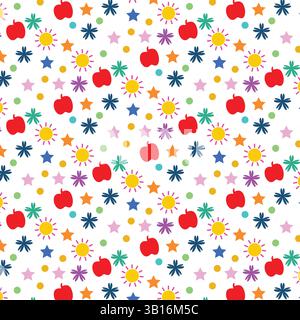 Buntes nahtloses Kindermuster mit Apfel, Sonne und Sternen - verspieltes Vektor-Hintergrund-Design Stock Vektor