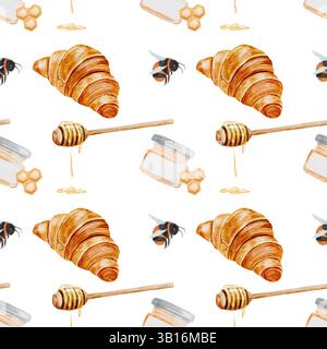 Muster Croissant, Honig und Bienen Aquarell. Handgezeichnetes nahtloses Muster. Clip-Art-Essen. Ideale Zeichnung für Bio-Ladenverpackungen und Küchen Stockfoto
