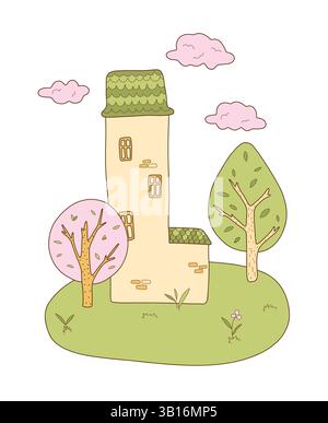 Bunter handgezeichneter Vektor eines niedlichen Hauses mit Bäumen, Wolken. Perfekt für Kinderbücher, Postkarten, Dekorationen und kreative Projekte. Stock Vektor
