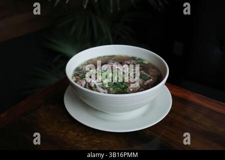 Traditionelle vietnamesische Pho-Suppe mit Rindfleischscheiben, serviert in einer weißen Keramikschale mit Koriander und grünen Zwiebeln. Konzept des authentischen Asiaten Stockfoto