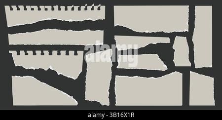 Gerissenes Papierblatt. Notizbuchseiten mit gerissenen Kanten, leere weiße, zerrissene Papierstücke für Scrapbook-Moodboard. Vorlagen für Notizen und Infotafel. Vektor-isolierter Satz. Stock Vektor