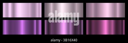 Ein Satz von sechs glänzenden metallischen Verläufen auf schwarzem Hintergrund. Eine Sammlung von violetten und magentafarbenen metallischen Verläufen. Stock Vektor