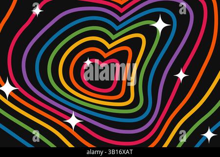 Hypnotischer herzförmiger Tunnel, y2k-Hintergrund. Regenbogenfarben auf schwarzem Hintergrund. Hübsches, psychedelisches Retro-Design im Stil der 70er Jahre Stock Vektor