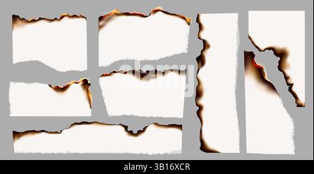 Brennendes Papier. Realistisch brennende Papierstücke mit Feuerflamme, weiße Papierbögen mit verkohlten, verbrannten Kanten, schwarze Asche und Feuer. Verbrannter und schwelender Rahmen. Vektorsatz. Stock Vektor