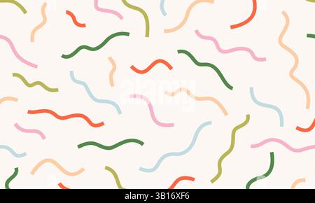 Abstraktes Doodle-Design mit handgezeichneten bunten Linien und Konfetti. Einfacher kindlicher Hintergrund mit knalligen, niedlichen Elementen. Lustiges minimales Muster Stock Vektor