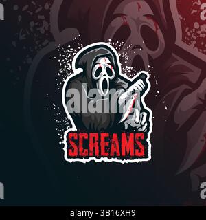Scream Mascot Logo Design Vektor mit modernem Illustrationskonzept Stil für Abzeichen, Emblem und T-Shirt Druck. Schreie die Illustration mit einem Messer. Stock Vektor