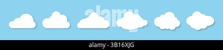 Ein Satz flauschiger Wolken mit einem Schatten auf blauem Hintergrund. Designelemente für Wettervorhersagen, Webschnittstelle oder Cloud-basierte Datenspeicherung Stock Vektor