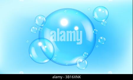 Blaue Wasserblasen. Realistische, transparente 3D-glänzende Blasen in Aqua. Abstrakte Vektor-Banner für Shampoo, Feuchtigkeitscreme Hautpflege Kosmetik und Waschmittelwerbung. Stock Vektor
