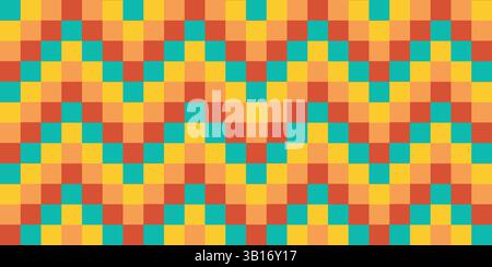 Farbenfrohe Struktur mit Schachbrettmuster und Pfeilschild. Lustiges abstraktes geometrisches Design im Retro-Stil der 60er-70er Jahre. Hippie-Design Stock Vektor