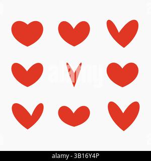 Stellen Sie das Symbol für handgezeichnete rote Herzen auf weißem Hintergrund ein. Einfache Doodle-Design-Elemente Stock Vektor