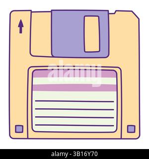 Retro-Diskette handgezeichnete Illustration mit Kontur isoliert auf weißem Hintergrund. Analoges Vintage-Speichermedium. Vintage-Ästhetik aus den 80er und 90er Jahren Stock Vektor