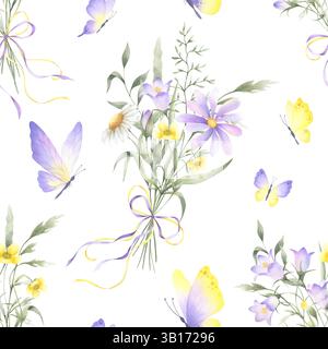 Nahtloses Blumenmuster mit Schmetterlingen und Sträußen von Wildblumen in Aquarellfarben Glockenblumen, Schmetterlingen und Wiesengräsern. Handgezeichnet Stockfoto