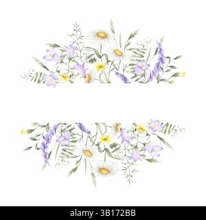 Aquarell Wildblumen Kamille, Glockenblume, Butterblume, Mäuseerbsen und Wiesengräser. Handgezeichneter isolierter quadratischer Rahmen aus gelben und lilafarbenen Blüten wi Stockfoto