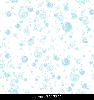 Nahtloses Muster mit Wasserfarben Türkis und blauen Wasserblasen in verschiedenen Größen und Tönen in chaotischer Reihenfolge. Handgezeichnete Abbildung isoliert von Stockfoto