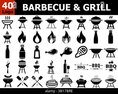 40 Barbecue & Grill Icons – Solid Black BBQ Vector Logo Set mit Feuer, Fleisch und Werkzeug Stock Vektor