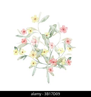 Aquarellzusammensetzung von gelben und rosa Blütenflecken und grünen Blättern. Handgezeichnete Illustrationsknospen auf isoliertem weißem Hintergrund. Weiches Pastell Stockfoto