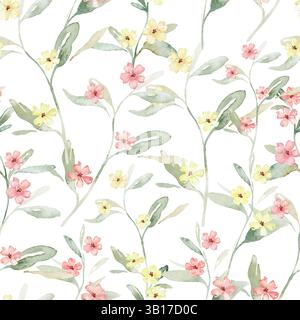 Korallenrosa und gelbe Farbe Blumen und grüne Blätter nahtloses Muster Aquarell auf weißem Hintergrund. Sanfte Pastellfarben Wasserfarben für Schönheit Stockfoto