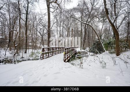 ARLINGTON, Virginia – Eine hölzerne Fußgängerbrücke im Rock Spring Park liegt nach einem starken Wintersturm vollständig unter einer dicken Decke aus frischem Schnee bedeckt. Die Fußgängerbrücke erstreckt sich über einen Teil des bewaldeten Parkbereichs und schafft eine unberührte Winterlandschaft. Der Rock Spring Park ist ein grüner Park im Arlington County im Norden Virginias. Die starke Schneeansammlung verwandelt die normalerweise einfache Überquerung in eine malerische Winterszene, die bei großen Schneefällen typisch für den Mittelatlantik ist. Stockfoto