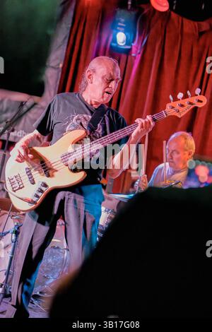Norman Watt-Roy spielt leidenschaftlich auf der Bühne unter roter und lila Beleuchtung, begleitet von Ted Duggan im Hintergrund bei Half Moon, Putney. Stockfoto