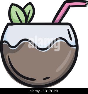 Kokos-Cocktail. Getränke am Strand. Vektorabbildung für Druckaufkleber, Symbol. Einfache Skizze isoliert auf weißem Hintergrund Stock Vektor