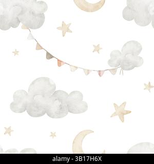 Nahtloses Aquarellmuster mit Sternen, Halbmond und Wolken in sanften Pastelltönen. Illustration des kindlichen Hintergrunds für Kinderzimmer-Tapeten oder Baby-Dusche-Hintergrund. Ornament mit Girlanden. Stockfoto