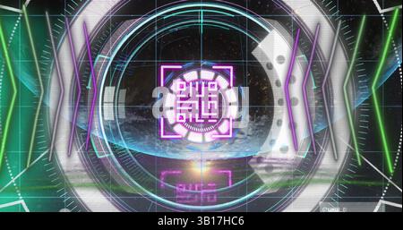 Bild des qr-Codes, das über Datenverarbeitung und Umfang leuchtet Stockfoto